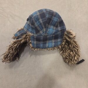 J Dempsey Hat Cap OSFM Trapper Aviator Plaid Blue Gray Ear Flap Faux Fur Lined